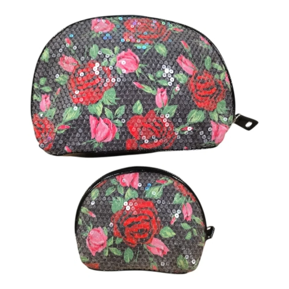 Betsey Johnson Sequined Rose Cosmetic Bag Set of 2 Black Floral Zip Closures